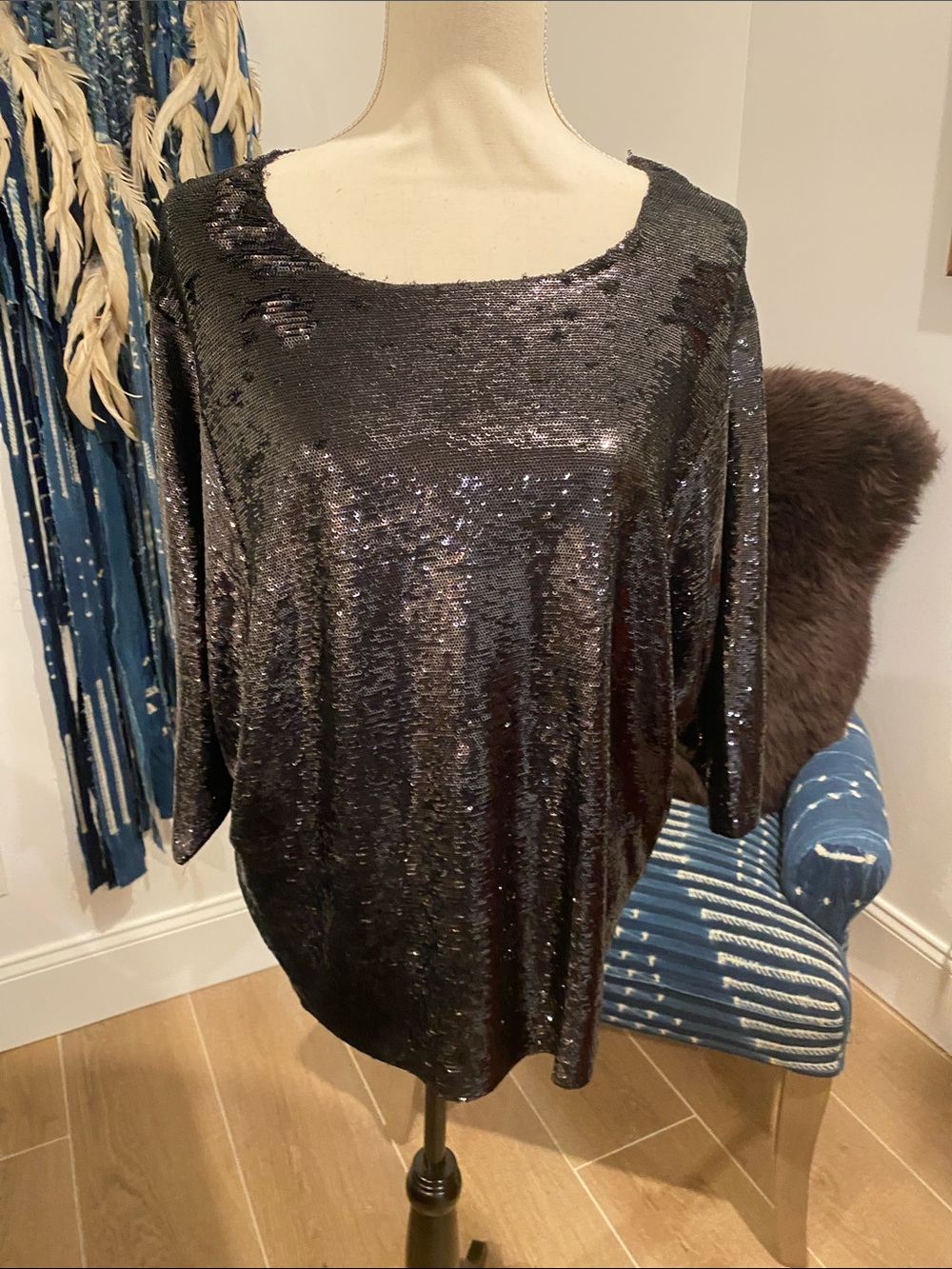 IRO Black Sequin Scoop Neck Women's Top